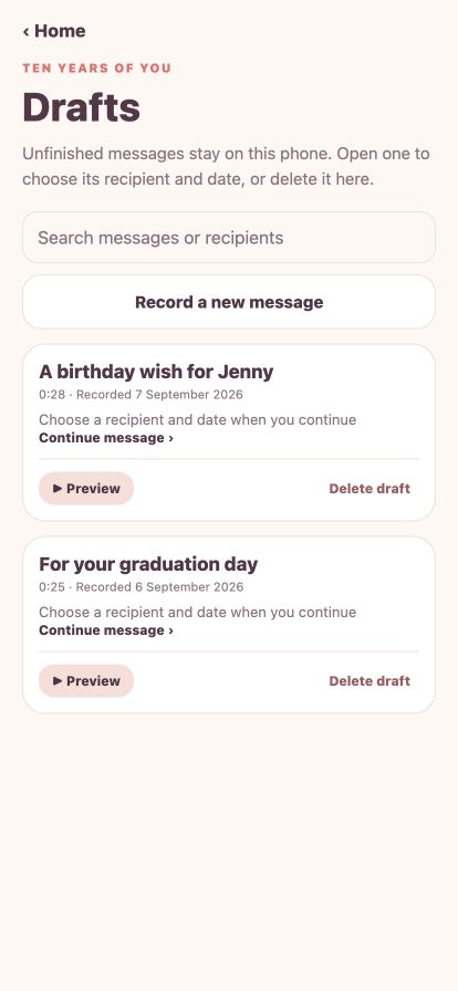 iluvu Drafts showing saved messages with fictional example recipients